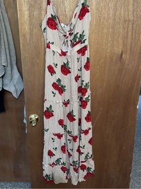Floral Tie-Front Maxi Dress in Beige with Red Roses
